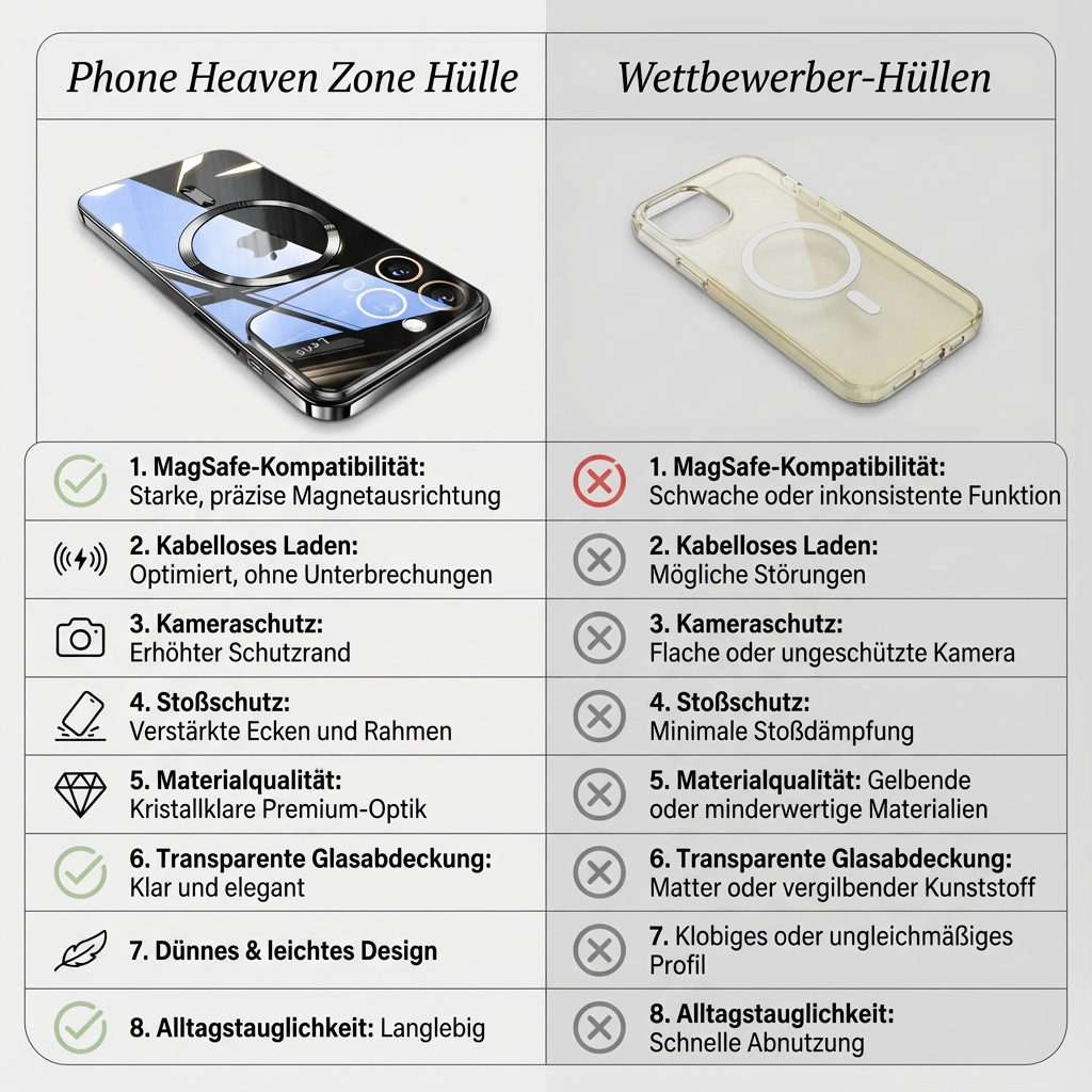 Luxus Ultra-Dünne Apple iPhone Hülle | MagSafe Case mit Kameralinsenschutz | Magnetische, Klare, Transparente, Stoßfeste & Sturzsichere Hart-PC-Glas Cover | Kratzfester Silikon-Bumper, Kabelloses Laden Handyschutzhülle