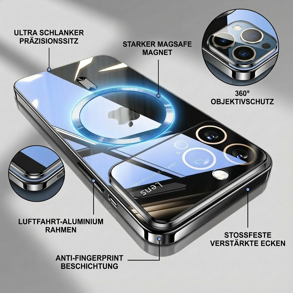 Luxus Ultra-Dünne Apple iPhone Hülle | MagSafe Case mit Kameralinsenschutz | Magnetische, Klare, Transparente, Stoßfeste & Sturzsichere Hart-PC-Glas Cover | Kratzfester Silikon-Bumper, Kabelloses Laden Handyschutzhülle