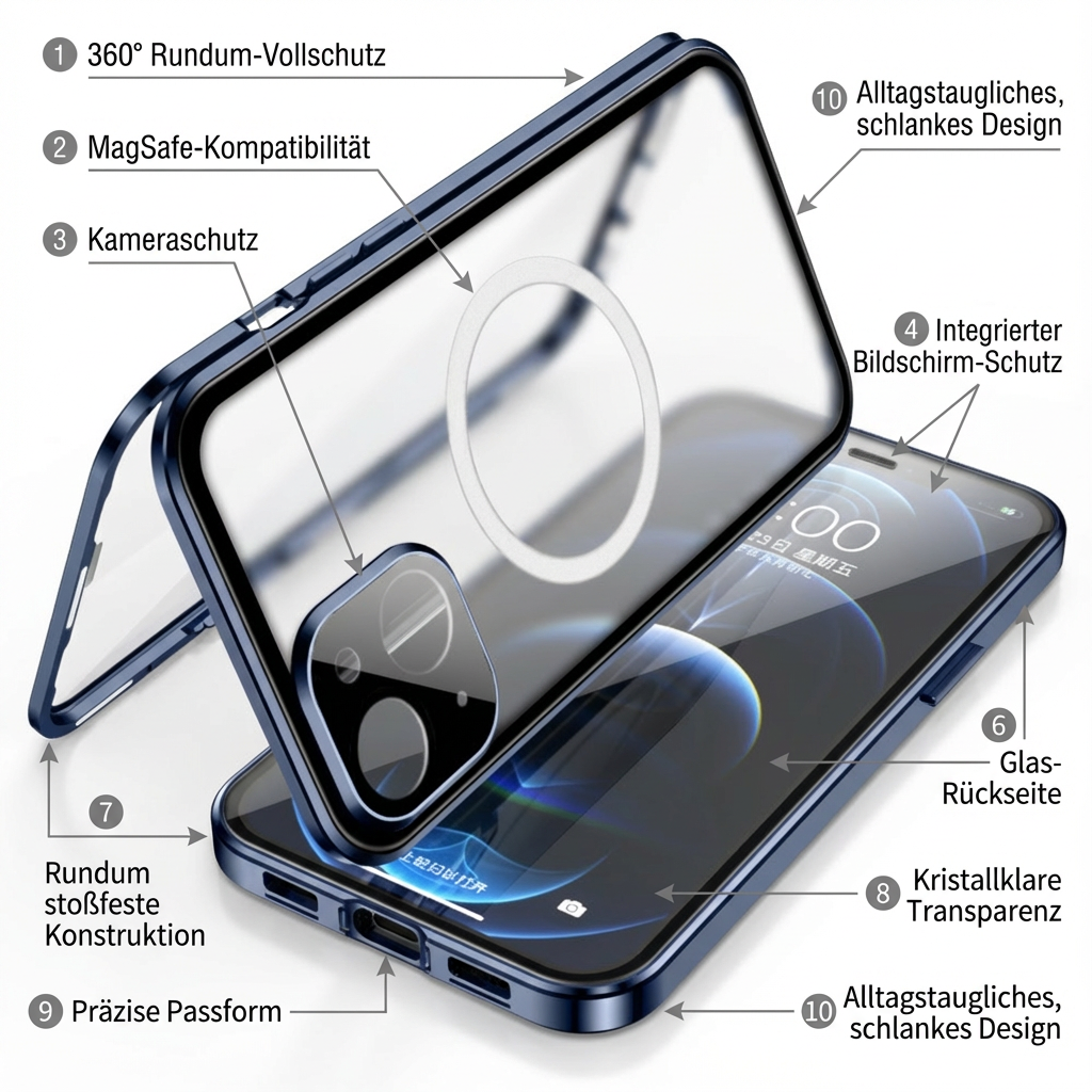 Coque iPhone Magnétique | MagSafe, Protection Complète 360°, Protection Caméra et Écran, Aluminium & Verre, Antichoc, Coque de Protection Transparente et Claire