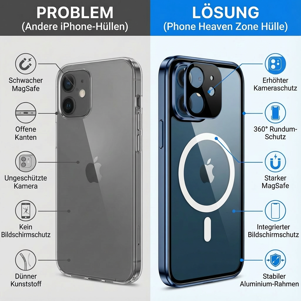 Coque iPhone Magnétique | MagSafe, Protection Complète 360°, Protection Caméra et Écran, Aluminium & Verre, Antichoc, Coque de Protection Transparente et Claire