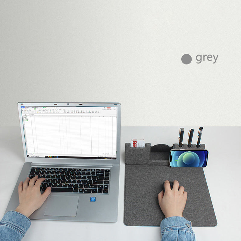 Tapis de souris haut de gamme avec chargeur sans fil Qi pour Apple iPhone 15 14 13 12 11 Pro Max Plus Mini, iOS, Watch, AirPods, Android, Samsung Galaxy, Xiaomi, Huawei : USB-C, support de téléphone portable, PU 2 en 1 Tapis en cuir