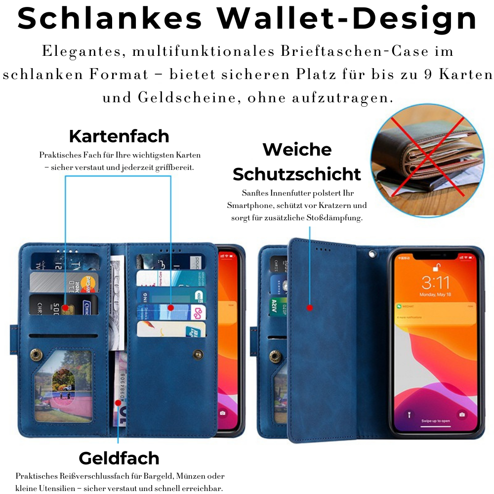 <tc>Étui de téléphone en cuir de haute qualité avec fermeture éclair, porte-cartes, support et sangle | Étui à rabat pour Apple iPhone 16/16e, 15/14/13/12 Pro Max Plus Mini - étui de protection polyvalent</tc>