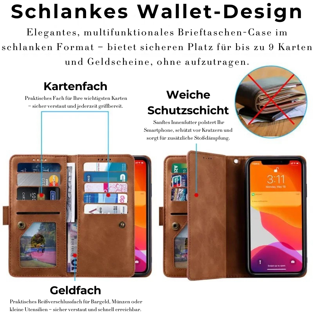<tc>Étui de téléphone en cuir de haute qualité avec fermeture éclair, porte-cartes, support et sangle | Étui à rabat pour Apple iPhone 16/16e, 15/14/13/12 Pro Max Plus Mini - étui de protection polyvalent</tc>