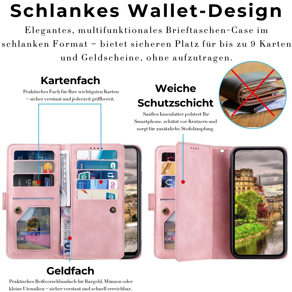 <tc>Étui de téléphone en cuir de haute qualité avec fermeture éclair, porte-cartes, support et sangle | Étui à rabat pour Apple iPhone 16/16e, 15/14/13/12 Pro Max Plus Mini - étui de protection polyvalent</tc>