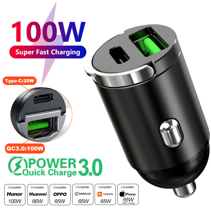 Mini chargeur de voiture 200 W de haute qualité avec fonction de charge rapide pour Apple iPhone 15 14 13 12 11 Pro Max Plus Mini, Android, Xiaomi, Samsung, Huawei | QC 3.0 PD, chargeur de téléphone de voiture USB Type C