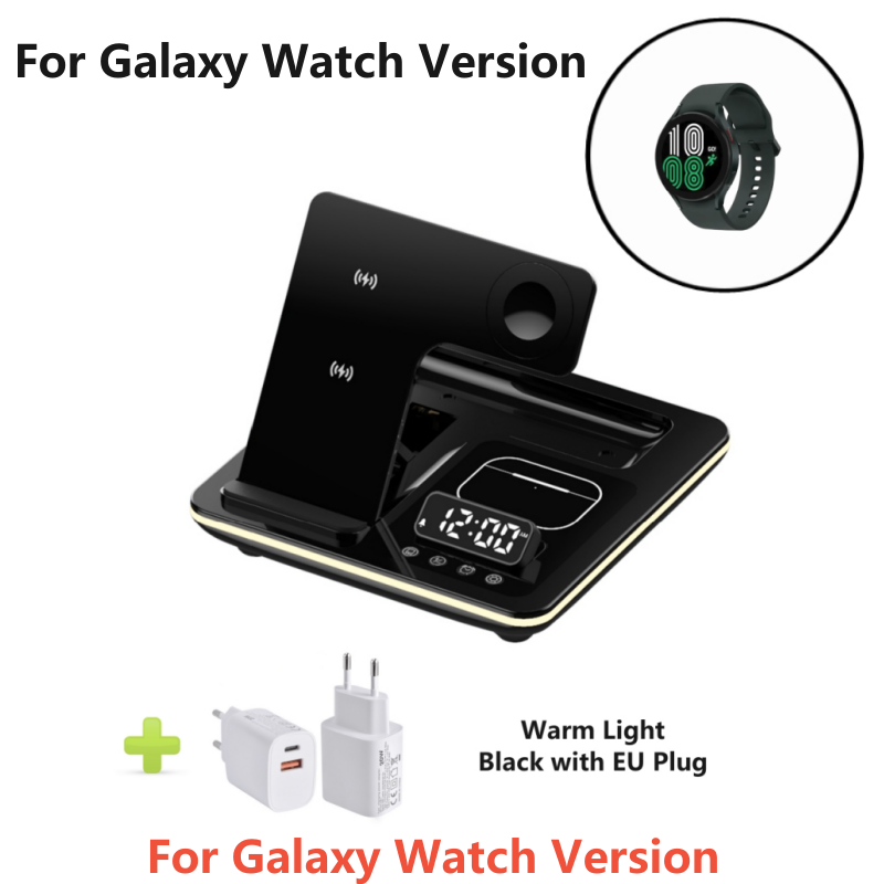 Station de charge rapide sans fil 5-en-1 30W Premium avec LED | Station de chargement rapide sans fil, chargeur avec support et réveil pour iPhone, Samsung, Android, Apple et Galaxy Watch, AirPods