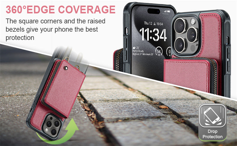 Luxury Leather Wallet Crossbody iPhone Case – Premium MagSafe phone chain & wallet case with card slot, stand function & strap, 360° shockproof protection, slim leather cover, keeps everything organized – perfect for outdoors & workdays