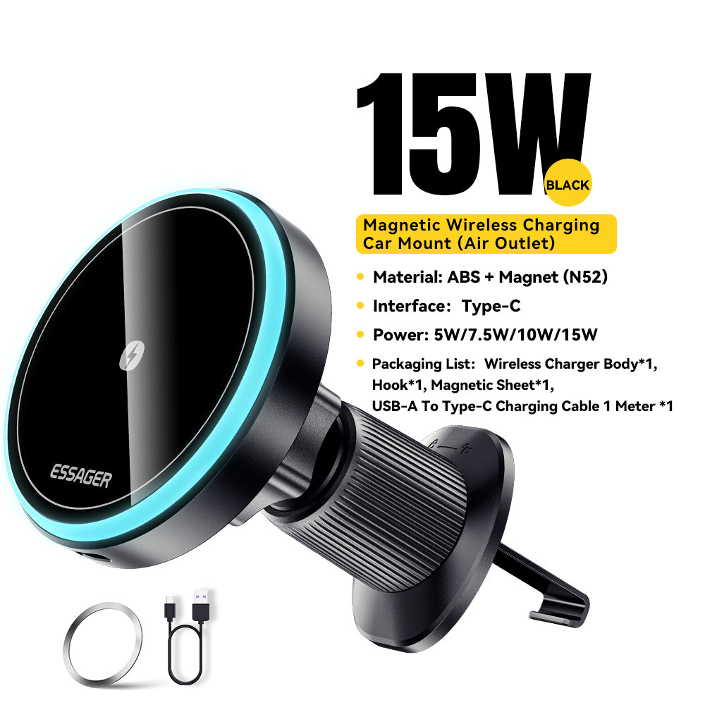 Support de téléphone magnétique de voiture RVB haut de gamme et chargeur sans fil Qi 15W pour Apple iPhone 15 14 13 12 11 Pro Max Plus Mini, iOS, Android, Samsung | Support et chargeur universel pour téléphone portable
