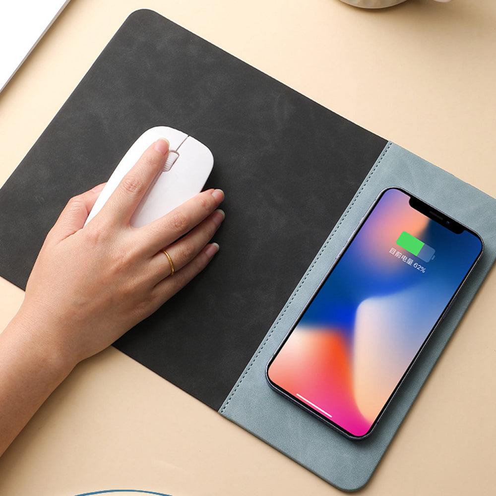 Tapis de souris haut de gamme avec chargeur sans fil Qi pour Apple iPhone 15 14 13 12 11 Pro Max Plus Mini, iOS, Watch, AirPods, Android, Samsung Galaxy, Xiaomi, Huawei : USB-C, support de téléphone portable, PU 2 en 1 Tapis en cuir