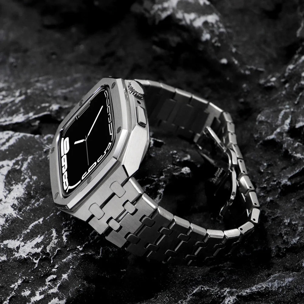 Kit de modification de luxe pour Apple Watch Series 9/8/7/SE/6/5/4, boîtier et boîtier en métal 45mm/44mm, cadre et accessoires de boîtier de bracelet