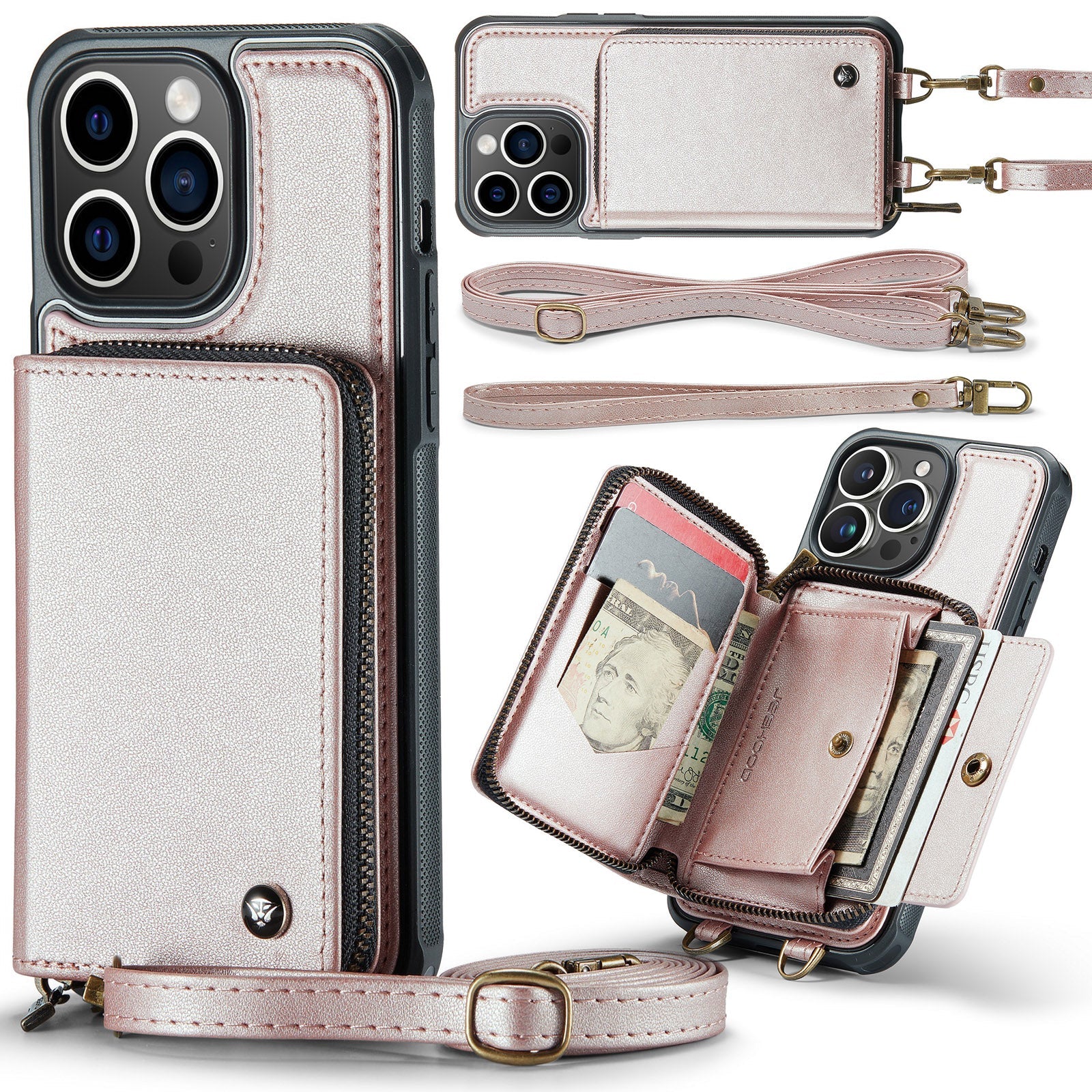 Luxury Leather Wallet Crossbody iPhone Case – Premium MagSafe phone chain & wallet case with card slot, stand function & strap, 360° shockproof protection, slim leather cover, keeps everything organized – perfect for outdoors & workdays