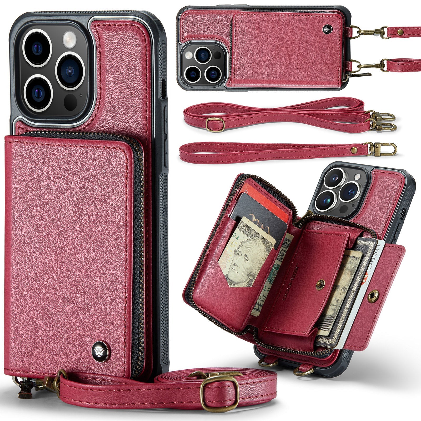 Luxury Leather Wallet Crossbody iPhone Case – Premium MagSafe phone chain & wallet case with card slot, stand function & strap, 360° shockproof protection, slim leather cover, keeps everything organized – perfect for outdoors & workdays