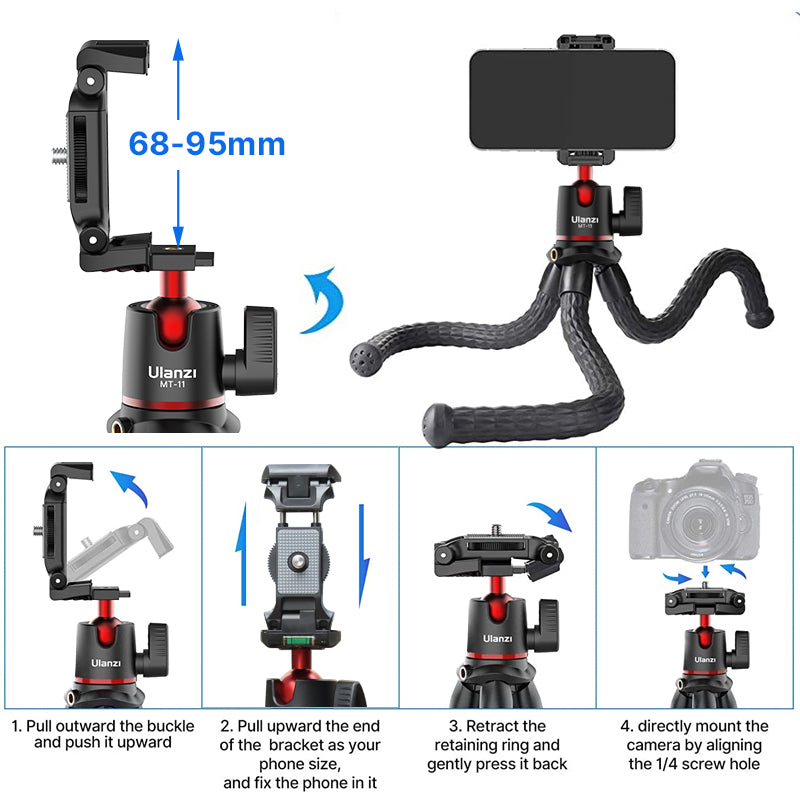Hochwertiges MT-11 Octopus Flexibles Stativ Verlängerung 1/4 Schraube mit Kugelkopf Cold Shoe Telefonclip | für Telefon