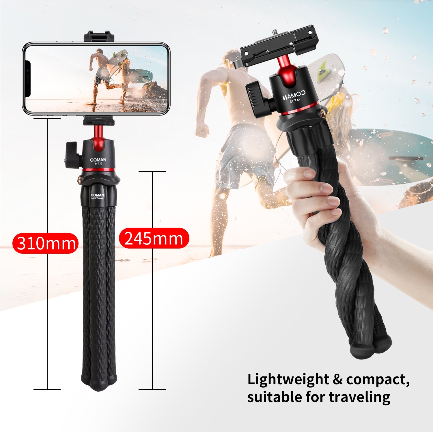 Hochwertiges MT-11 Octopus Flexibles Stativ Verlängerung 1/4 Schraube mit Kugelkopf Cold Shoe Telefonclip | für Telefon