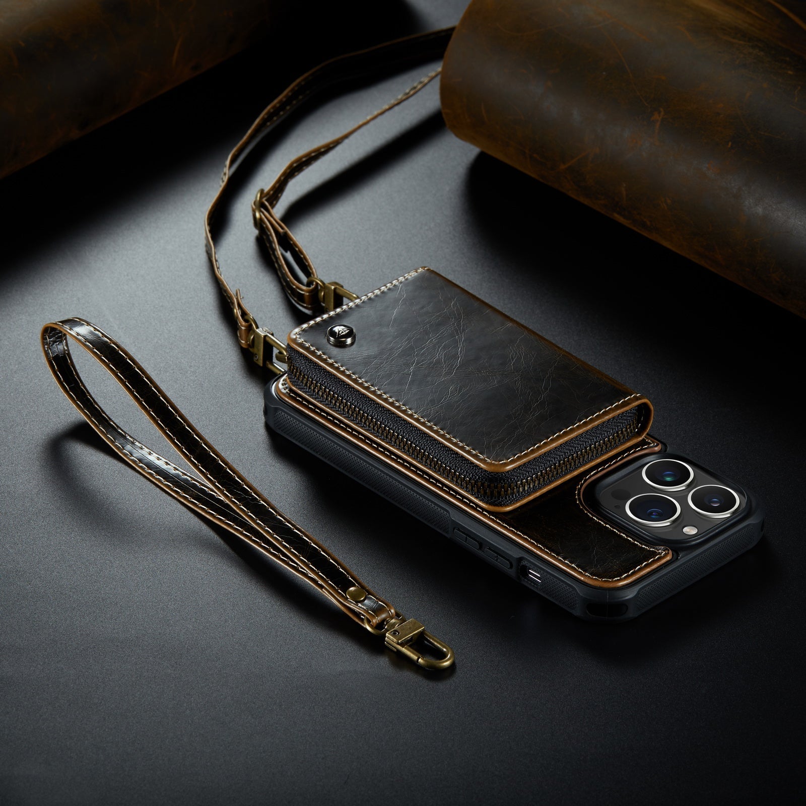 Luxury Leather Wallet Crossbody iPhone Case – Premium MagSafe phone chain & wallet case with card slot, stand function & strap, 360° shockproof protection, slim leather cover, keeps everything organized – perfect for outdoors & workdays