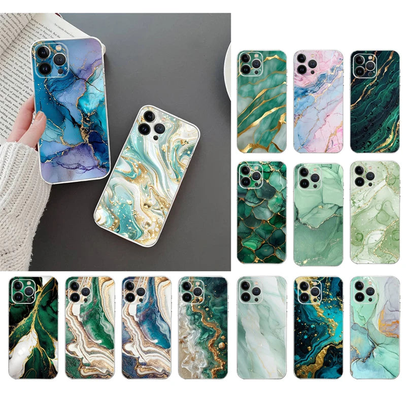 Étui antichoc en marbre pour iPhone avec cadre doré de luxe | Étui de protection MagSafe pour Apple iPhone 15/14/13/12 Pro Max Plus | Housse de protection pour appareil photo, sac et étui blindé