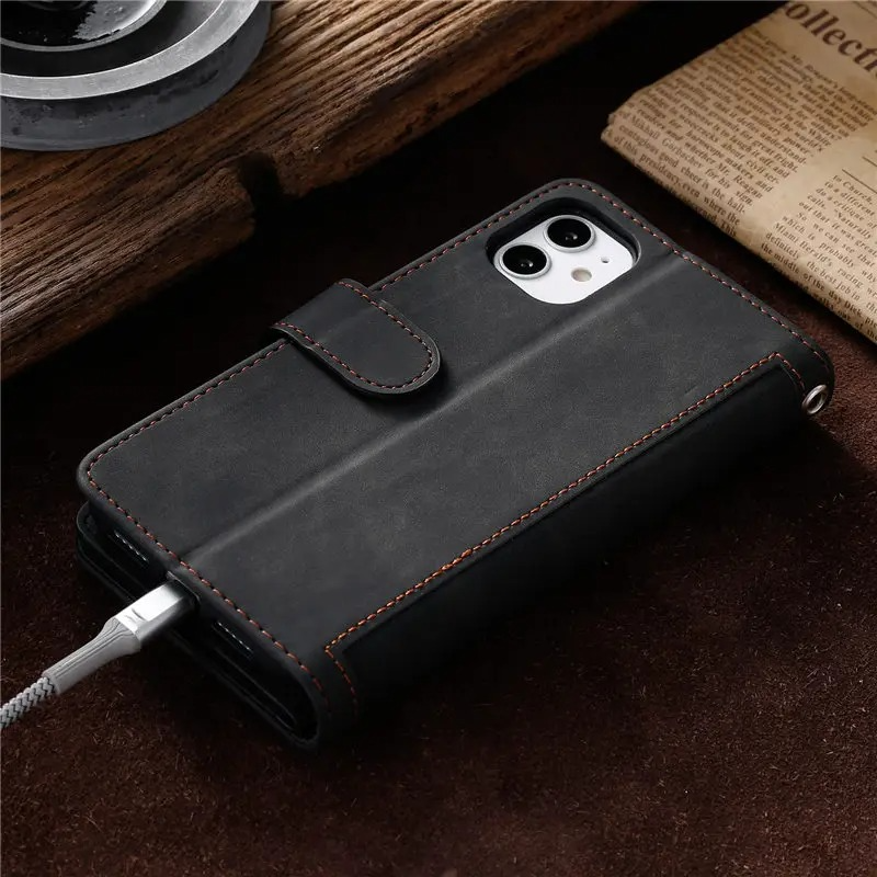 <tc>Étui de téléphone en cuir de haute qualité avec fermeture éclair, porte-cartes, support et sangle | Étui à rabat pour Apple iPhone 16/16e, 15/14/13/12 Pro Max Plus Mini - étui de protection polyvalent</tc>