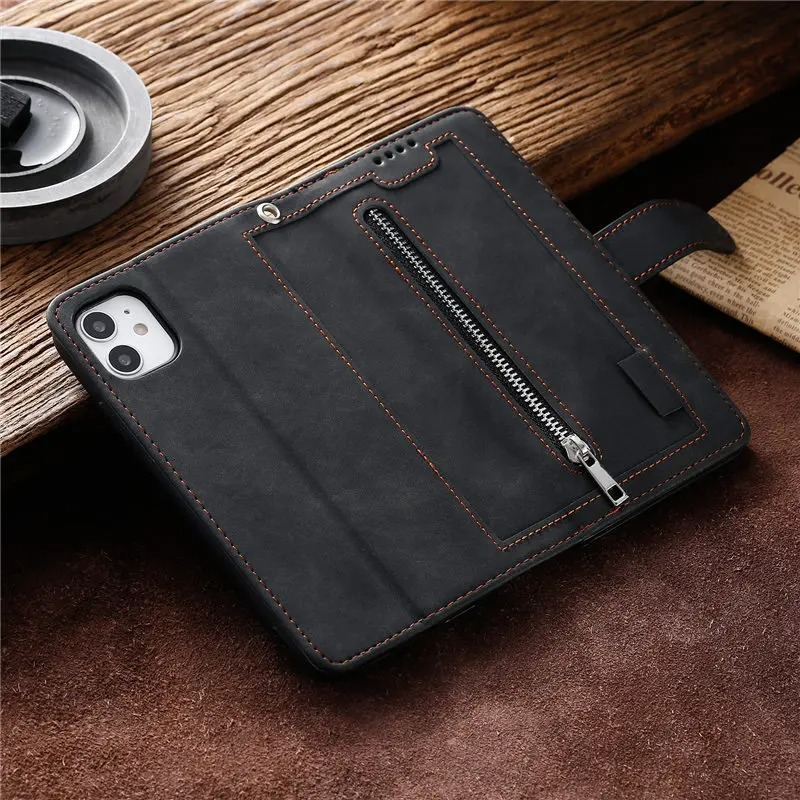 <tc>Étui de téléphone en cuir de haute qualité avec fermeture éclair, porte-cartes, support et sangle | Étui à rabat pour Apple iPhone 16/16e, 15/14/13/12 Pro Max Plus Mini - étui de protection polyvalent</tc>