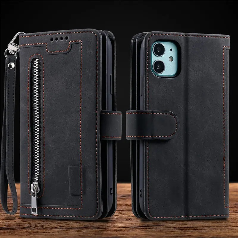 <tc>Étui de téléphone en cuir de haute qualité avec fermeture éclair, porte-cartes, support et sangle | Étui à rabat pour Apple iPhone 16/16e, 15/14/13/12 Pro Max Plus Mini - étui de protection polyvalent</tc>