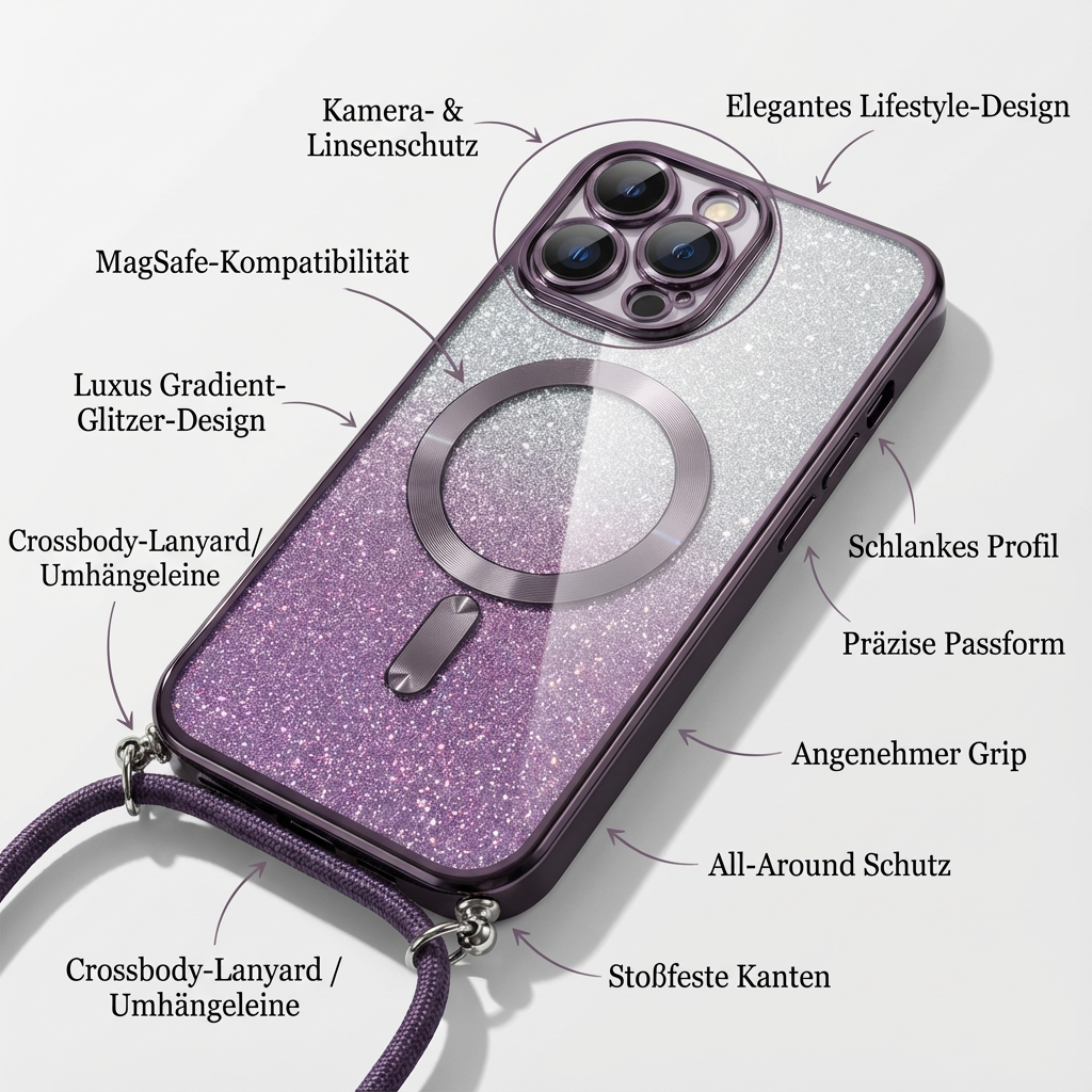 Luxus Crossbody Lanyard Gradient Glitzer Magnetgehäuse iPhone Hülle | MagSafe Case mit Kameralinsenschutzabdeckung für Apple iPhone 17/17 Air/16/16e/15/14/13 Pro Max Plus Cover | Panzertasche, Weiche TPU Plating Handyhülle | Premium Schutzhülle