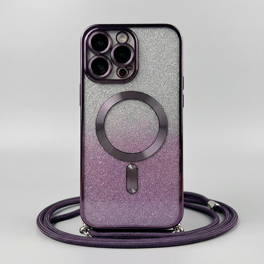 Luxus Crossbody Lanyard Gradient Glitzer Magnetgehäuse iPhone Hülle | MagSafe Case mit Kameralinsenschutzabdeckung für Apple iPhone 17/17 Air/16/16e/15/14/13 Pro Max Plus Cover | Panzertasche, Weiche TPU Plating Handyhülle | Premium Schutzhülle