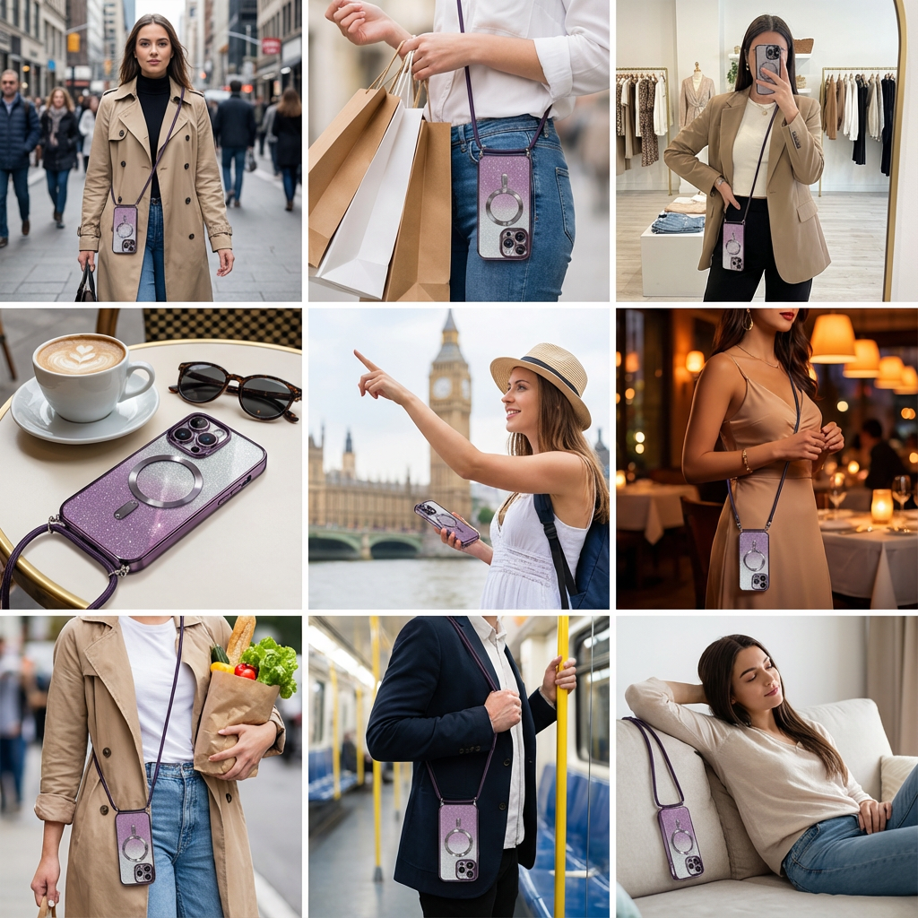 Luxus Crossbody Lanyard Gradient Glitzer Magnetgehäuse iPhone Hülle | MagSafe Case mit Kameralinsenschutzabdeckung für Apple iPhone 17/17 Air/16/16e/15/14/13 Pro Max Plus Cover | Panzertasche, Weiche TPU Plating Handyhülle | Premium Schutzhülle