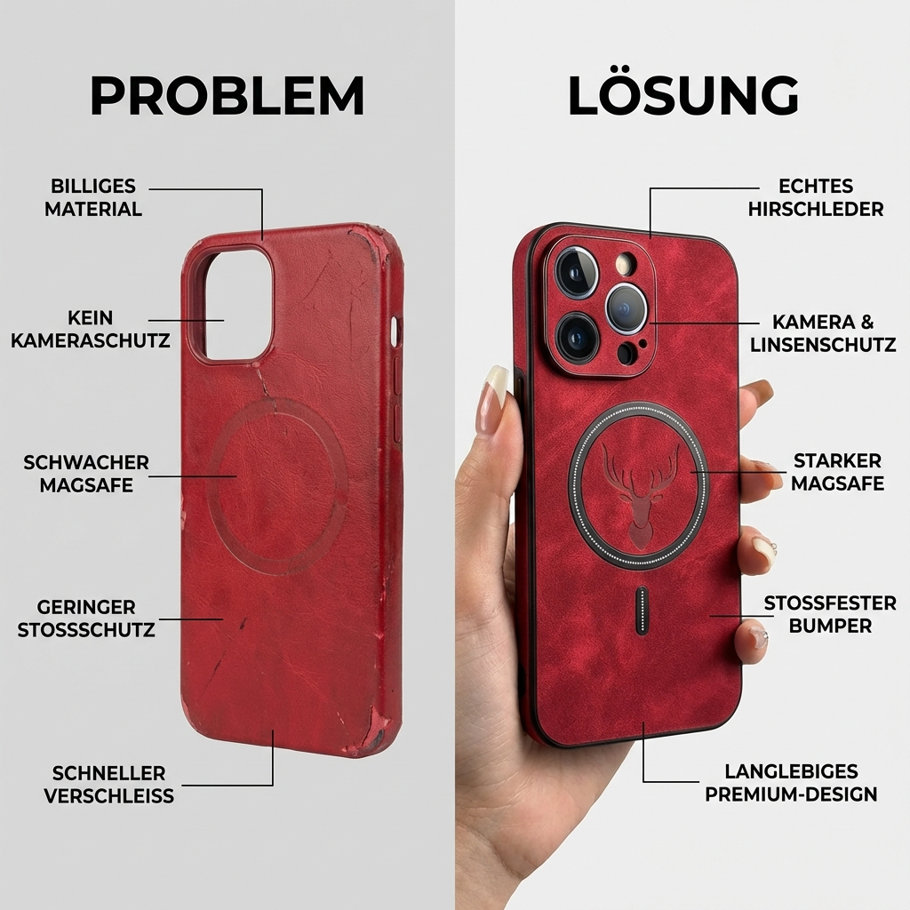 Luxus Hirschleder Apple iPhone Hülle | MagSafe Case mit Kameralinsenschutz, Magnetische Kabellose Stoßfeste Handyschutzhülle | Premium Sturzsicherer Bumper-Cover für iPhone 17/17 Air, 16/16e, 15, 14, 13 Pro Max Plus