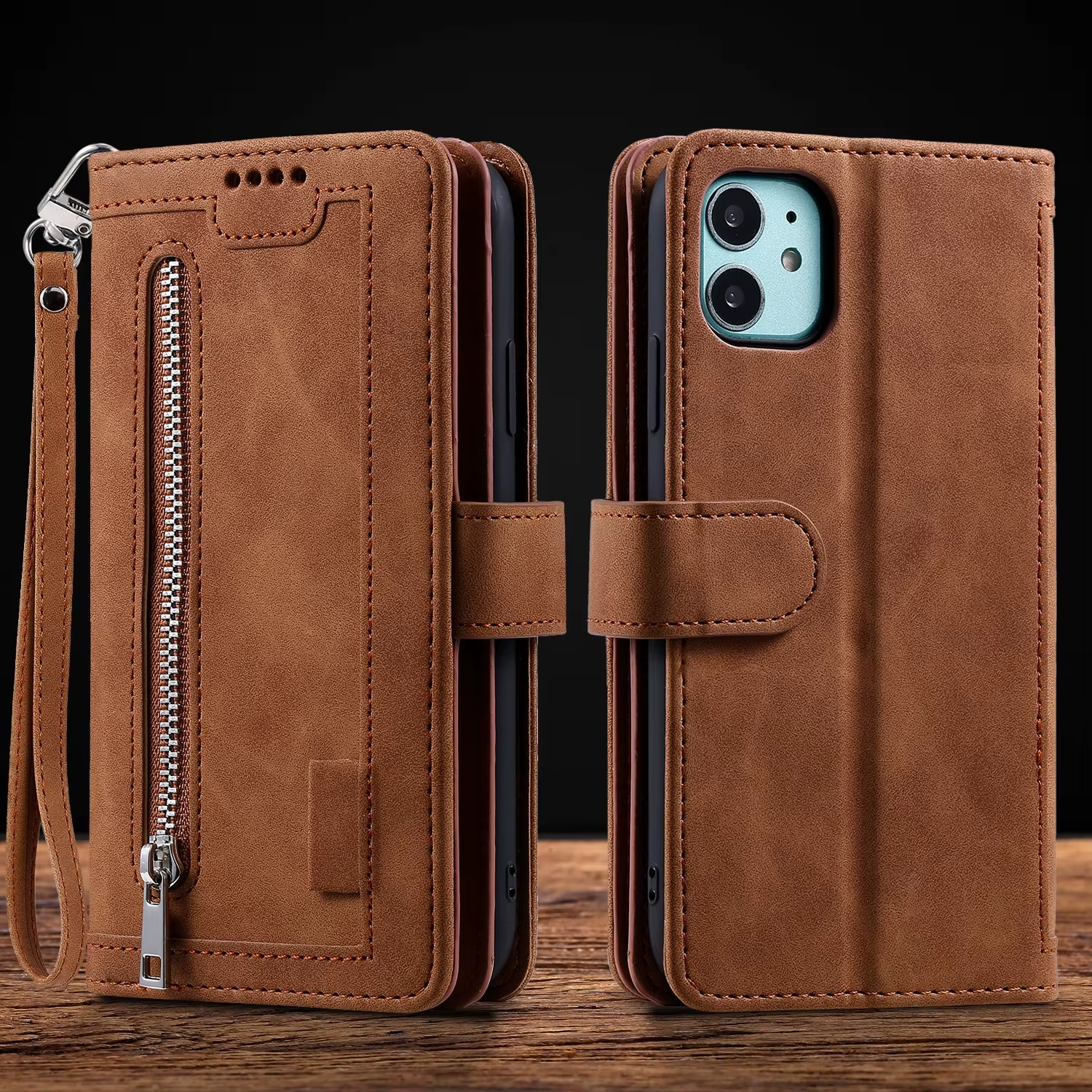 <tc>Étui de téléphone en cuir de haute qualité avec fermeture éclair, porte-cartes, support et sangle | Étui à rabat pour Apple iPhone 16/16e, 15/14/13/12 Pro Max Plus Mini - étui de protection polyvalent</tc>
