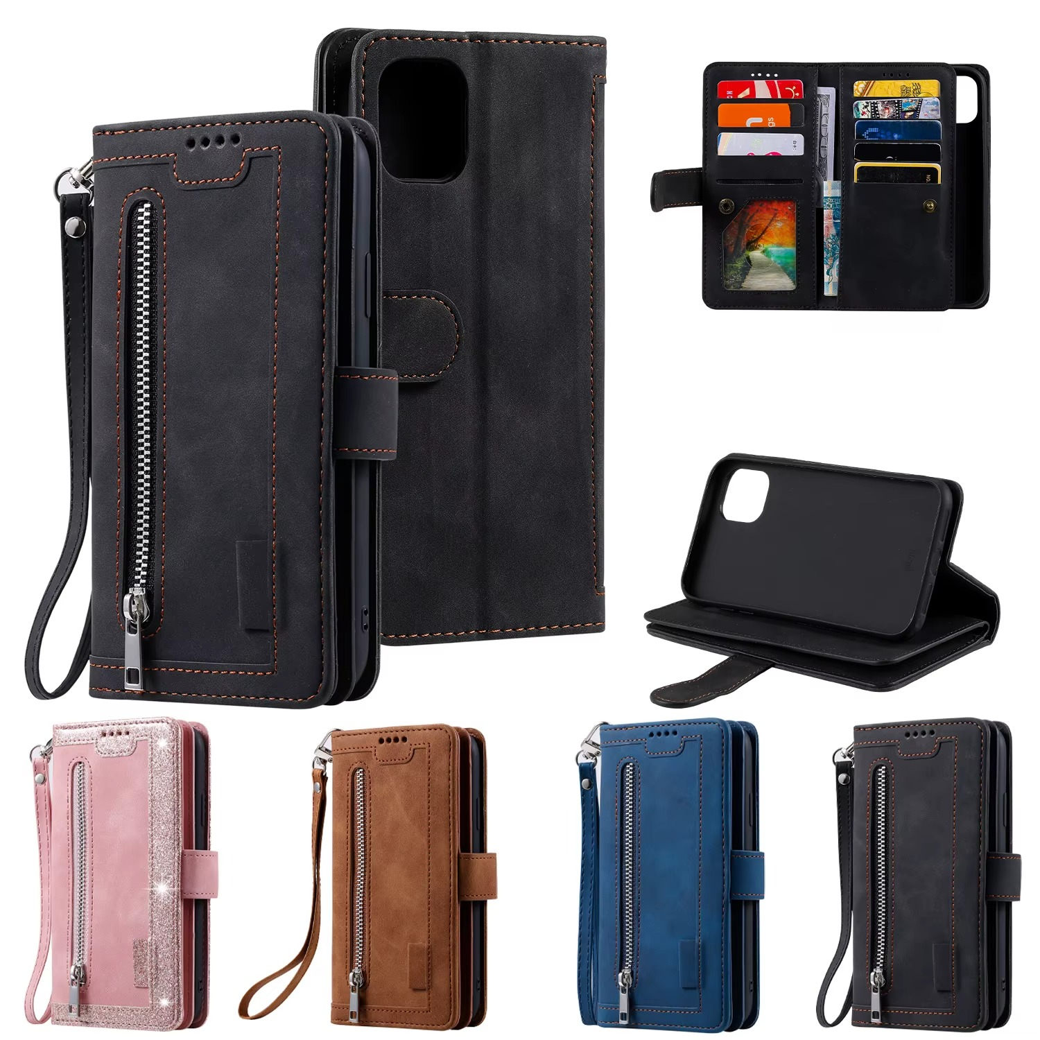 <tc>Étui de téléphone en cuir de haute qualité avec fermeture éclair, porte-cartes, support et sangle | Étui à rabat pour Apple iPhone 16/16e, 15/14/13/12 Pro Max Plus Mini - étui de protection polyvalent</tc>