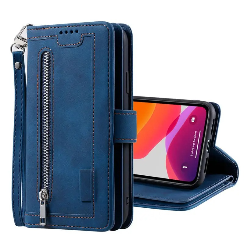 <tc>Étui de téléphone en cuir de haute qualité avec fermeture éclair, porte-cartes, support et sangle | Étui à rabat pour Apple iPhone 16/16e, 15/14/13/12 Pro Max Plus Mini - étui de protection polyvalent</tc>