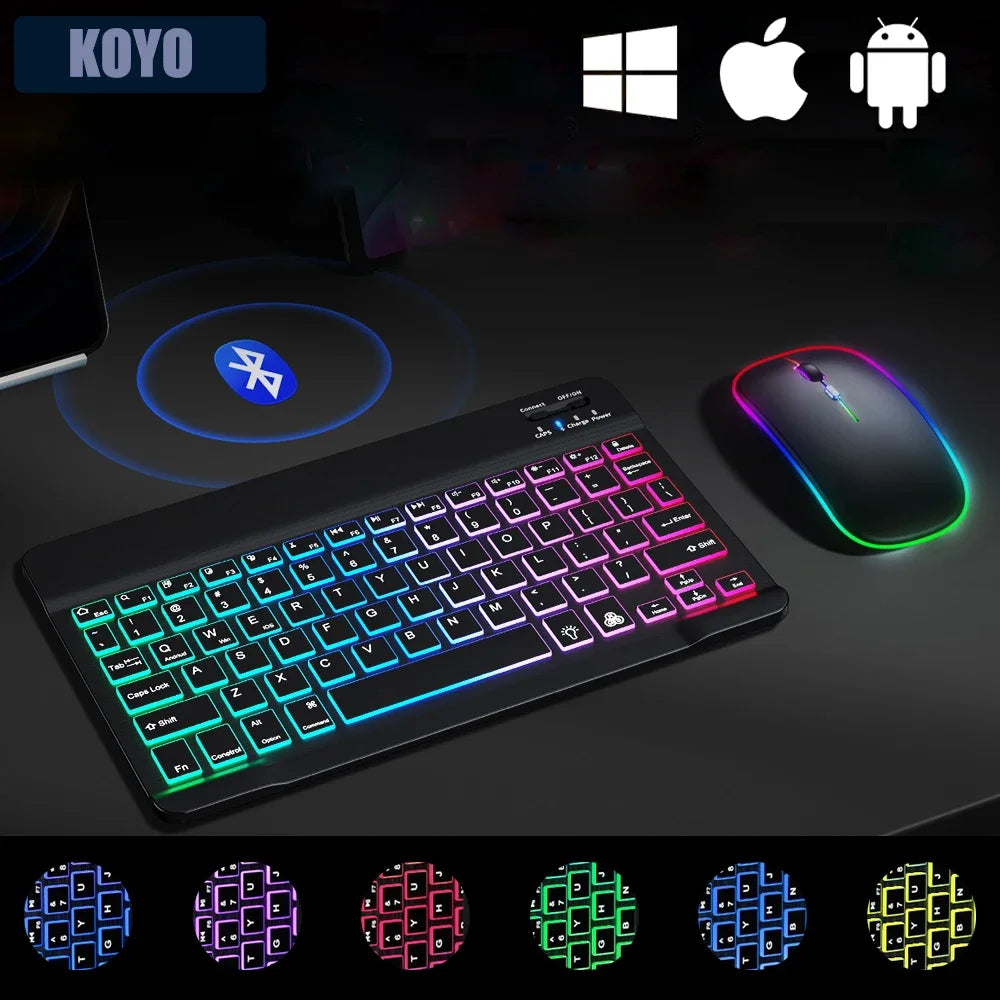 Premium Backlit Tastatur und Maus in 10-Zoll für iPad: Bluetooth-Tastatur mit Hintergrundbeleuchtung | Kompatibel mit iOS, Android, Windows