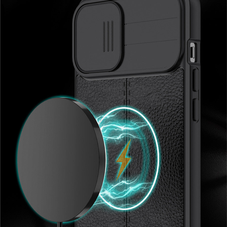 Hochwertiges Kamera Slider Objektiv mit luxuriöser Leder Textur iPhone Hülle | MagSafe Case mit Rundumschutz und Kameralinsenschutzabdeckung für Apple iPhone 16/15/14/13/12 Pro Max Plus Mini Cover | Panzertasche Handyhülle | Premium Schutzhülle