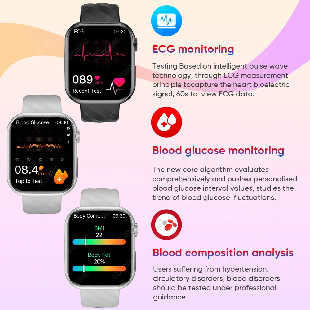 Premium Blutzucker-Smartwatch für Männer und Frauen: KI-Sprachassistent, Bluetooth-Anruf, Infrarot-SpO2-Sensor, Gesundheitsüberwachung, EKG, PPG, Schlaf-& Herzfrequenzmesser, Wasserdichter Fitness-Tracker, Full-Touch, Lange Akkulaufzeit: iOS & Android