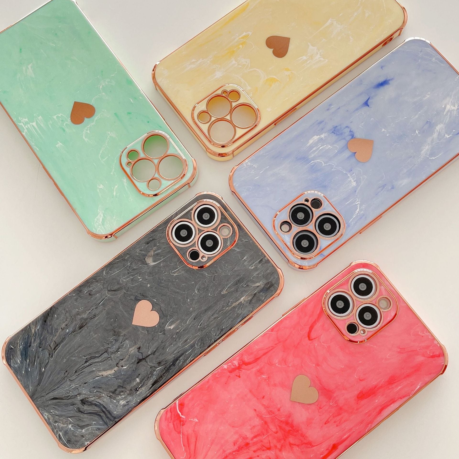 Luxuriöse Liebe-Herz-Marmor galvanisiertes Design iPhone-Hülle | MagSafe Case mit Kameralinsenschutzabdeckung für Apple iPhone 16/15/14/13/12 Pro Max Plus Mini Cover | Panzertasche, Stoßstangenabdeckung Handyhülle | Premium-Hardcase-Cover Schutzhülle