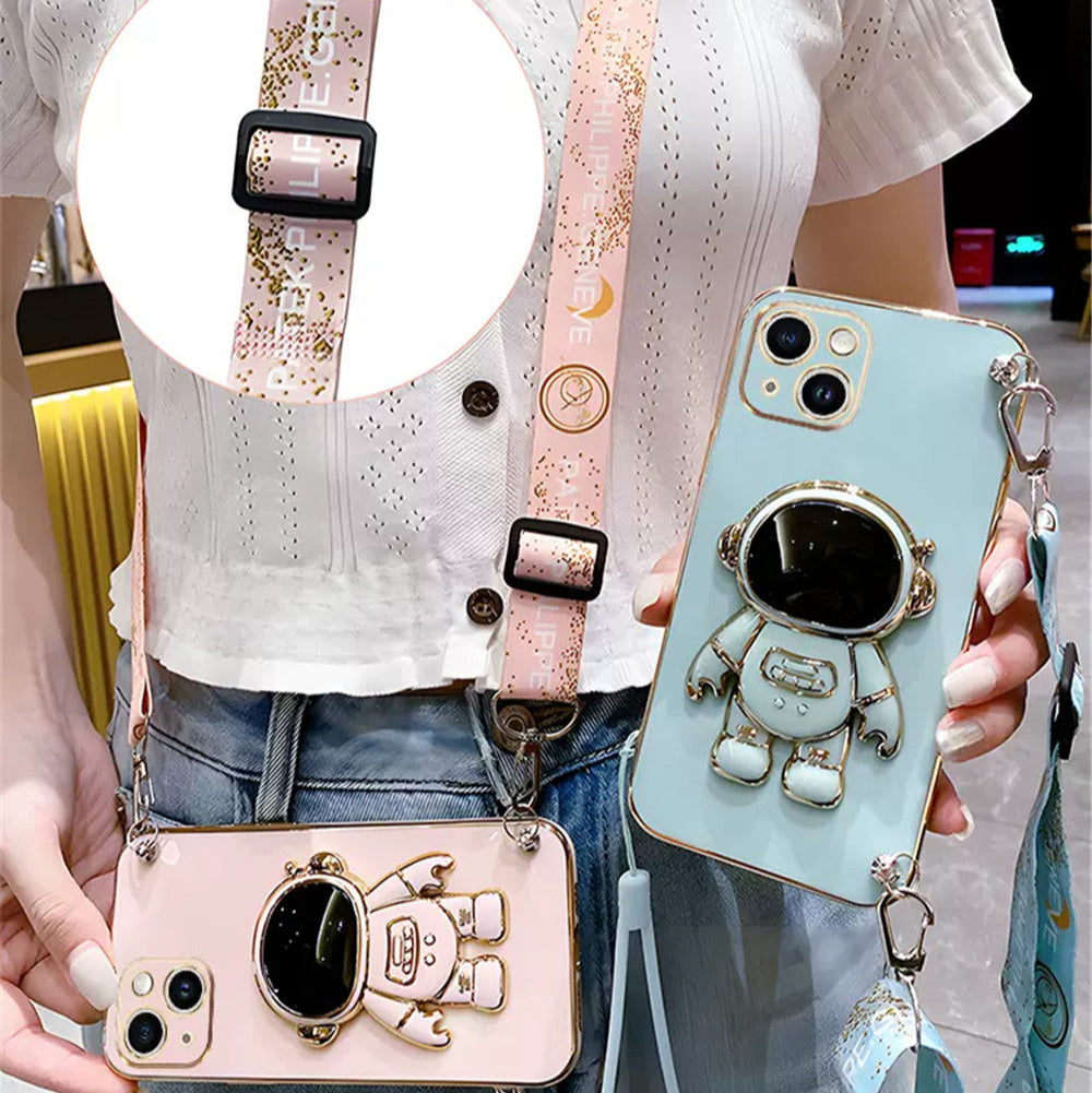 Luxus Crossbody-Lanyard Astronauten-Telefonhalterung und Ständer iPhone Hülle | MagSafe Case mit Rundumschutz und Kameralinsenschutzabdeckung für Apple iPhone 16/15/14/13/12 Pro Max Plus Mini Cover | Panzertasche Handyhülle | Premium Schutzhülle