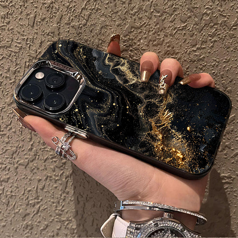 Luxus Schwarzer Marmor iPhone Hülle mit goldenem Rand: Kamera Schutz, Langlebige Abdeckung, MagSafe-kompatibel Apple iPhone 16/16e, 15, 14, 13, 12 Pro Max, Pro, Plus, Mini Cover: 3D-Textur, verbesserten Griff | Rundumschutz Kameralinsenschutz Panzertasche