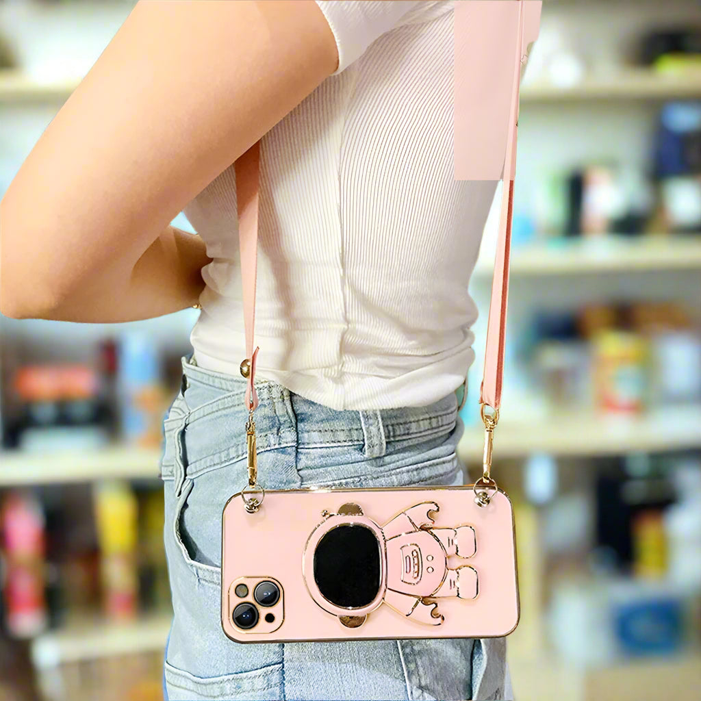 Luxus Crossbody-Lanyard Astronauten-Telefonhalterung und Ständer iPhone Hülle | MagSafe Case mit Rundumschutz und Kameralinsenschutzabdeckung für Apple iPhone 16/15/14/13/12 Pro Max Plus Mini Cover | Panzertasche Handyhülle | Premium Schutzhülle