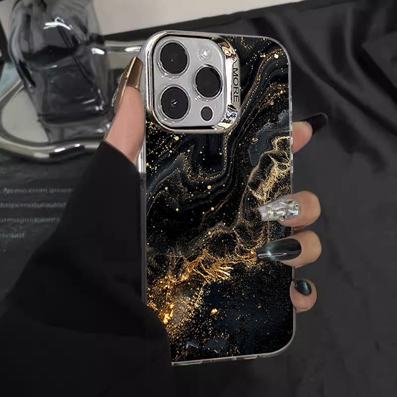 Luxus Schwarzer Marmor iPhone Hülle mit goldenem Rand: Kamera Schutz, Langlebige Abdeckung, MagSafe-kompatibel Apple iPhone 16/16e, 15, 14, 13, 12 Pro Max, Pro, Plus, Mini Cover: 3D-Textur, verbesserten Griff | Rundumschutz Kameralinsenschutz Panzertasche
