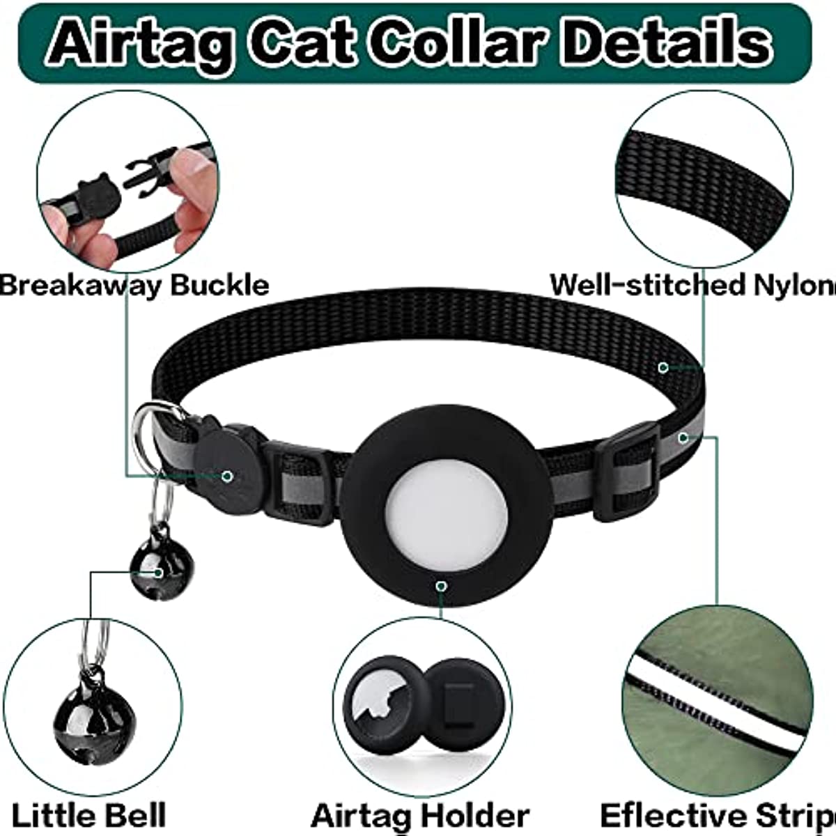 Premium Abnehmbares AirTag Hülle & Case Katzenhalsband: Reflektierendes Cover mit Apple AirTag-Halterung | Glocke