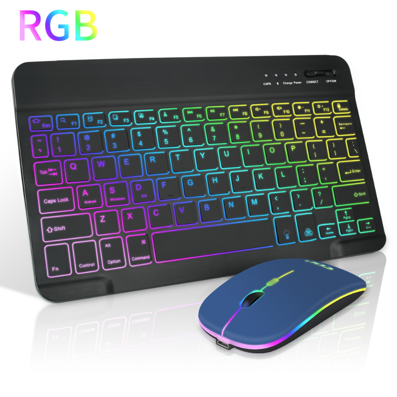Premium Backlit Tastatur und Maus in 10-Zoll für iPad: Bluetooth-Tastatur mit Hintergrundbeleuchtung | Kompatibel mit iOS, Android, Windows