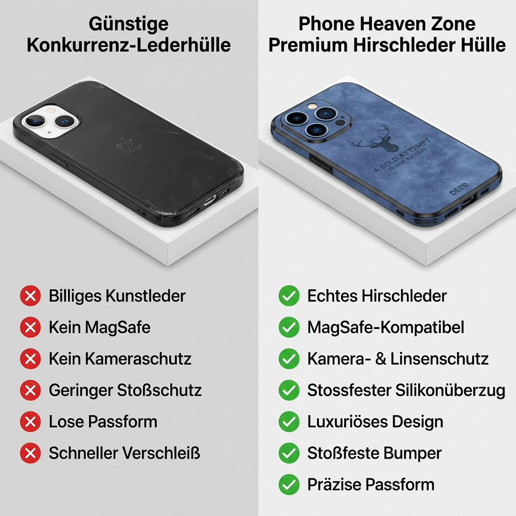 Hochwertige Hirschleder Apple iPhone-Hülle mit Kameralinsenschutz und stoßfestem Silikonüberzug - Phone Heaven Zone