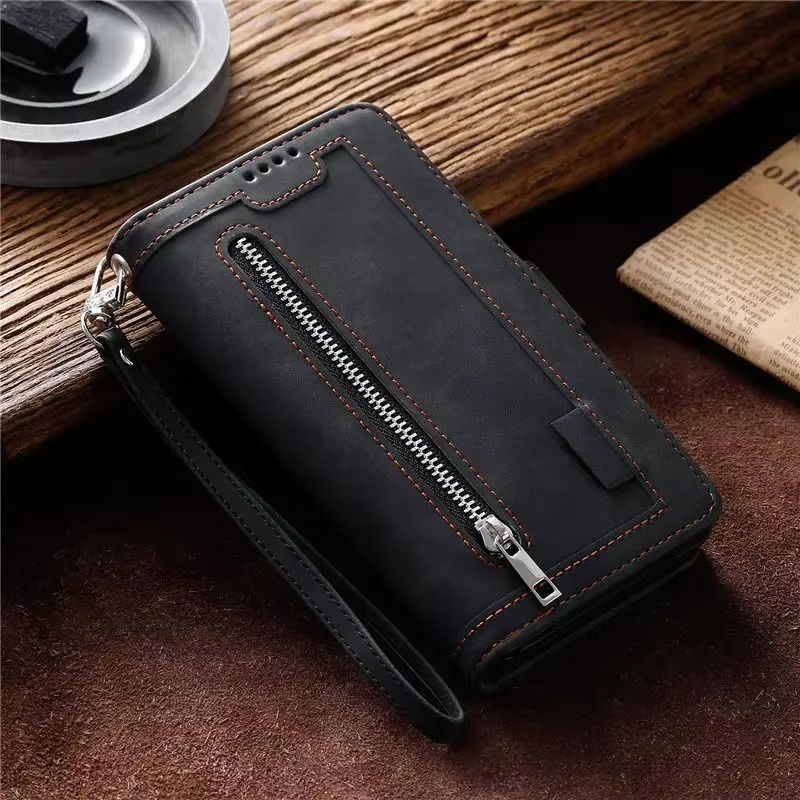 <tc>Étui de téléphone en cuir de haute qualité avec fermeture éclair, porte-cartes, support et sangle | Étui à rabat pour Apple iPhone 16/16e, 15/14/13/12 Pro Max Plus Mini - étui de protection polyvalent</tc>