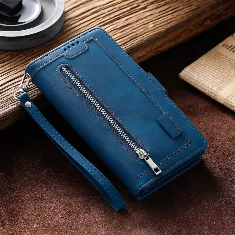 <tc>Étui de téléphone en cuir de haute qualité avec fermeture éclair, porte-cartes, support et sangle | Étui à rabat pour Apple iPhone 16/16e, 15/14/13/12 Pro Max Plus Mini - étui de protection polyvalent</tc>
