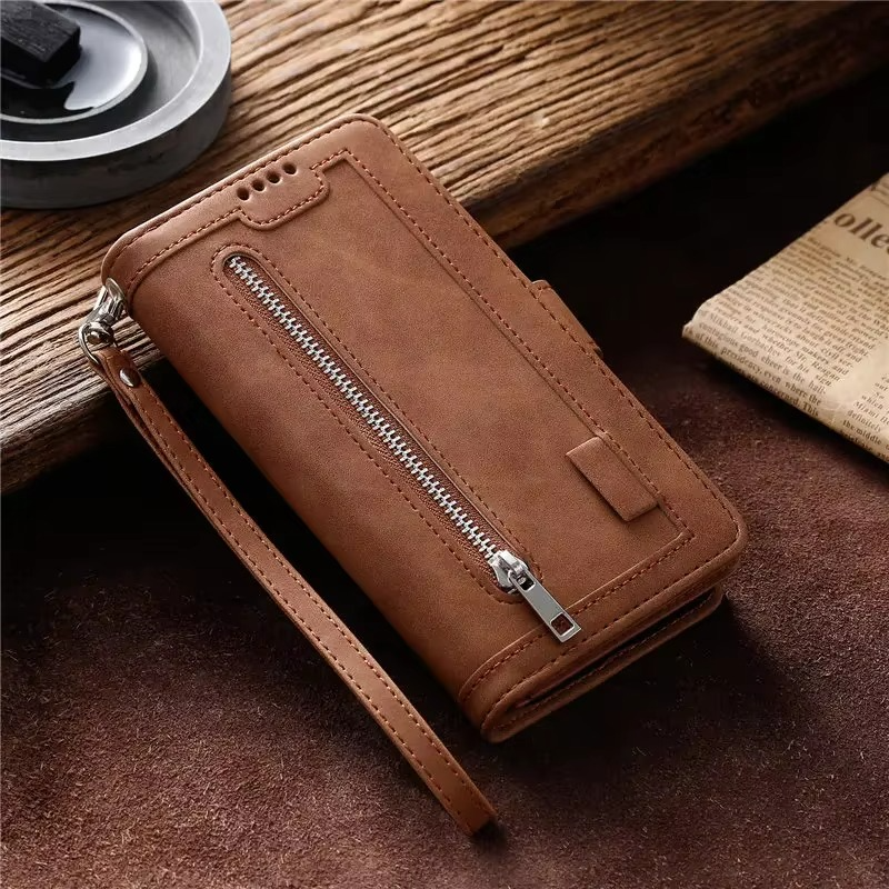 <tc>Étui de téléphone en cuir de haute qualité avec fermeture éclair, porte-cartes, support et sangle | Étui à rabat pour Apple iPhone 16/16e, 15/14/13/12 Pro Max Plus Mini - étui de protection polyvalent</tc>