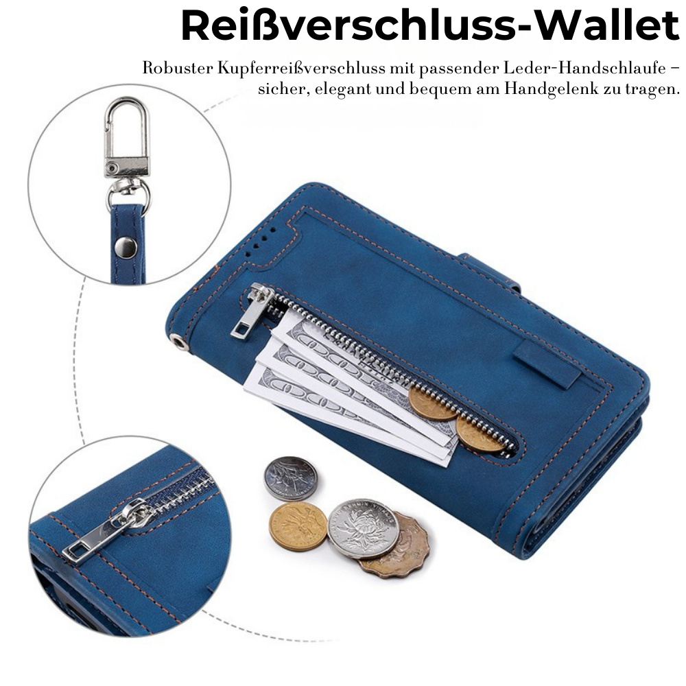 <tc>Étui de téléphone en cuir de haute qualité avec fermeture éclair, porte-cartes, support et sangle | Étui à rabat pour Apple iPhone 16/16e, 15/14/13/12 Pro Max Plus Mini - étui de protection polyvalent</tc>