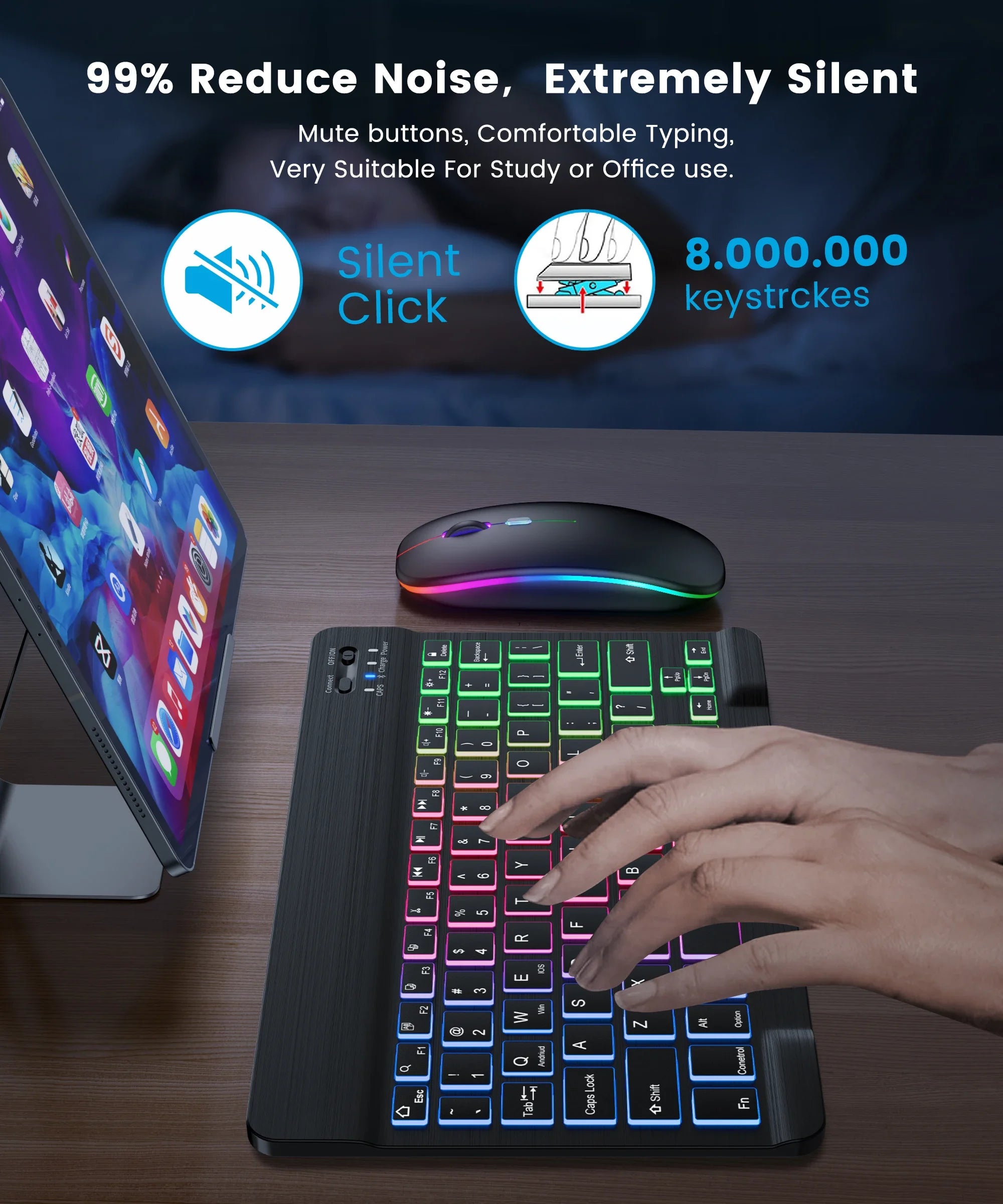 Premium Backlit Tastatur und Maus in 10-Zoll für iPad: Bluetooth-Tastatur mit Hintergrundbeleuchtung | Kompatibel mit iOS, Android, Windows