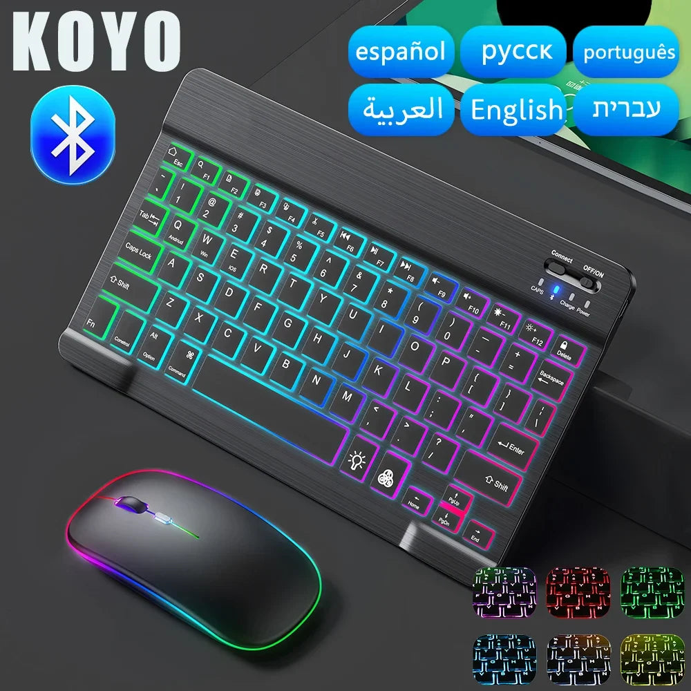 Premium Backlit Tastatur und Maus in 10-Zoll für iPad: Bluetooth-Tastatur mit Hintergrundbeleuchtung | Kompatibel mit iOS, Android, Windows