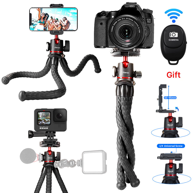 Hochwertiges MT-11 Octopus Flexibles Stativ Verlängerung 1/4 Schraube mit Kugelkopf Cold Shoe Telefonclip | für Telefon