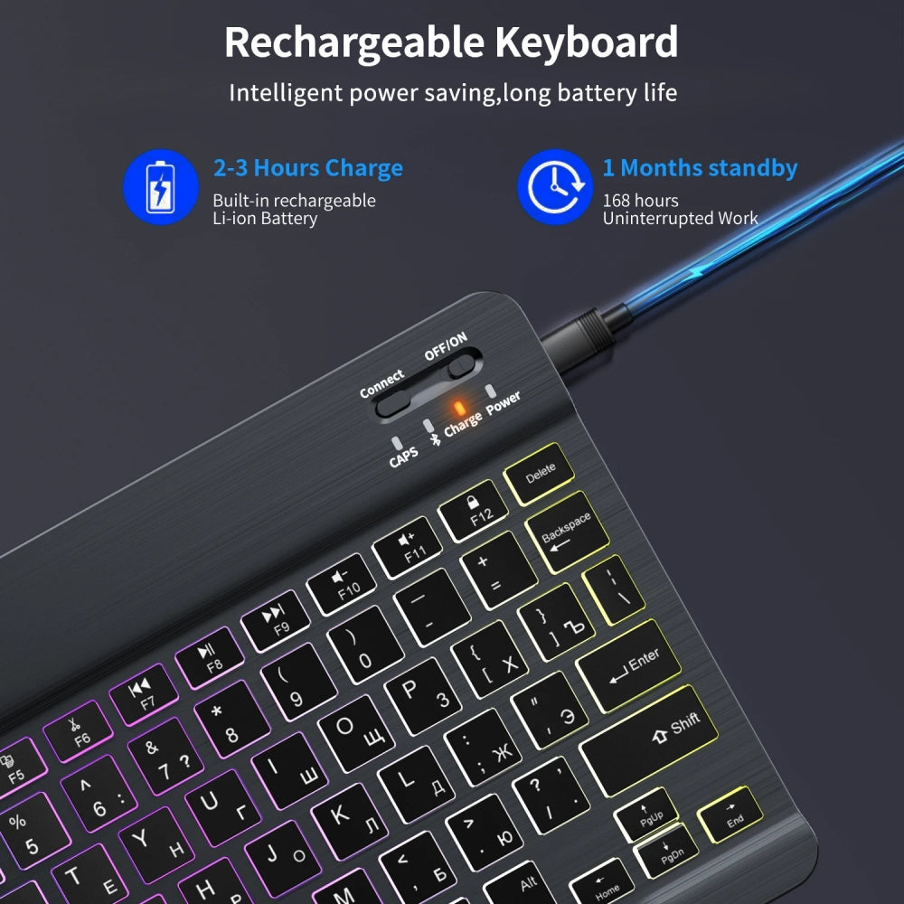 Premium Backlit Tastatur und Maus in 10-Zoll für iPad: Bluetooth-Tastatur mit Hintergrundbeleuchtung | Kompatibel mit iOS, Android, Windows